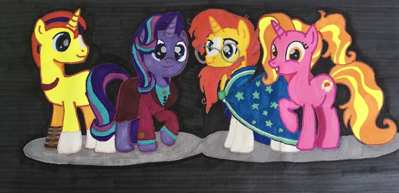 Size: 4019x1942 | Tagged: safe, artist:magicnova, derpibooru import, luster dawn, starlight glimmer, sunburst, oc, oc:starfire blaze, pony, unicorn, amputee, blaze (coat marking), caption, clothes, father and child, father and daughter, father and son, female, glasses, image macro, looking at you, male, mare, mother and child, mother and daughter, mother and son, offspring, older, older starlight glimmer, older sunburst, parent:starlight glimmer, parent:sunburst, parents:starburst, prosthetic leg, prosthetic limb, prosthetics, robe, scar, shipping, simple background, socks (coat marking), stallion, starburst, straight, sunburst the bearded, sunburst's glasses, sunburst's robe, text, traditional art