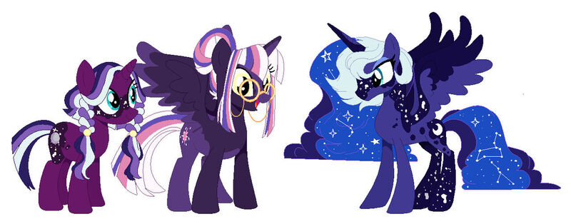 Size: 1280x503 | Tagged: safe, artist:teafrown, derpibooru import, princess luna, twilight sparkle, twilight sparkle (alicorn), oc, oc:dreamcatcher, alicorn, pony, unicorn, base used, constellation, family, female, glasses, lesbian, magical lesbian spawn, mare, offspring, parent:princess luna, parent:twilight sparkle, parents:twiluna, redesign, shipping, simple background, twiluna, white background