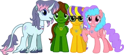 Size: 2780x1250 | Tagged: safe, artist:crisostomo-ibarra, derpibooru import, oc, oc:bella pinksavage, oc:fluffybriefs, oc:sunrise glisten, oc:swiftgaia, unofficial characters only, pony, unicorn, curved horn, female, glasses, horn, jewelry, looking at you, male, mare, necklace, peace symbol, simple background, smiling, stallion, transparent background