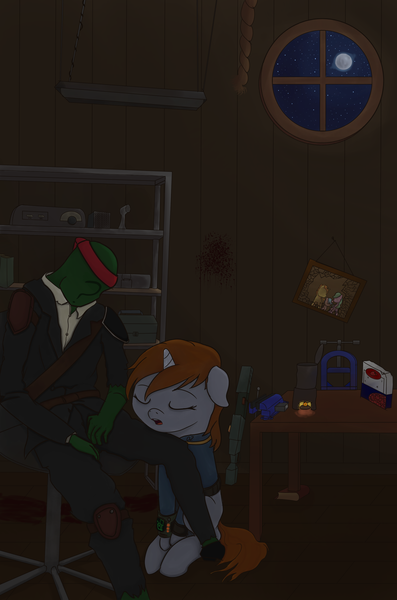 Size: 2000x3019 | Tagged: semi-grimdark, artist:crabs_of_steam, derpibooru import, oc, oc:anon, oc:littlepip, human, pony, unicorn, fallout equestria, blood, chair, female, male, mare, moon, night, sleeping, table, weapon