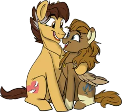 Size: 1307x1200 | Tagged: safe, artist:rutkotka, derpibooru import, oc, oc:feather paw, oc:help hoof, unofficial characters only, earth pony, pegasus, derpibooru community collaboration, 2021 community collab, female, husband and wife, laughing, male, simple background, smiling, transparent background