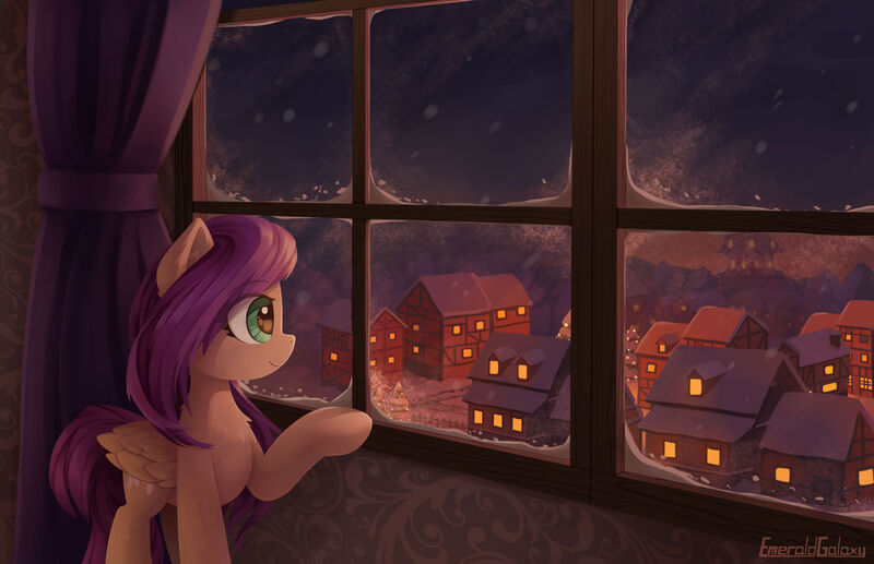 Size: 1920x1241 | Tagged: safe, artist:emeraldgalaxy, derpibooru import, fluttershy, pegasus, pony, city, female, folded wings, house, indoors, looking away, looking out the window, mare, ponyville, profile, raised hoof, smiling, snow, solo, standing, window, wings, winter