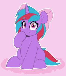 Size: 1746x2000 | Tagged: safe, artist:partylikeanartist, derpibooru import, oc, oc:cosmic spark, pony, unicorn, animated, bow, eyebrows, eyebrows visible through hair, gif, hair bow, looking at you, one eye closed, sitting, solo, wink