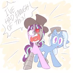 Size: 1024x1024 | Tagged: safe, artist:thegreatrouge, derpibooru import, starlight glimmer, trixie, cyborg, unicorn, angry, crossover, hat, henry stickmin collection, open mouth, parody, ragelight glimmer, reginald copperbottom, rhm, right hand man, speech bubble
