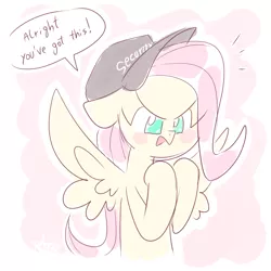 Size: 1024x1024 | Tagged: safe, artist:thegreatrouge, derpibooru import, fluttershy, blushing, crossover, cute, dave pampa, hat, henry stickmin collection, open mouth, parody, shyabetes, solo, speech bubble
