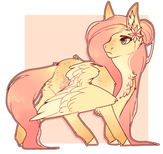 Size: 1280x1207 | Tagged: safe, artist:b0rfcat, derpibooru import, fluttershy, pegasus, pony, alternate hairstyle, butt fluff, chest fluff, ear fluff, female, flower, hair bun, hair over one eye, looking away, mare, outline, simple background, solo, transparent background, wings