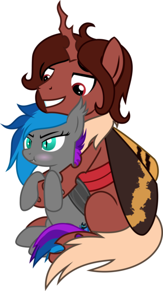 Size: 2144x3833 | Tagged: safe, artist:bnau, derpibooru import, oc, oc:lyssa, oc:red flux, bat pony, changeling, insect, moth, mothling, original species, bat pony oc, bat wings, changeling oc, hug, hug from behind, pouting, red changeling, simple background, smiling, species swap, :t, transparent background, wings