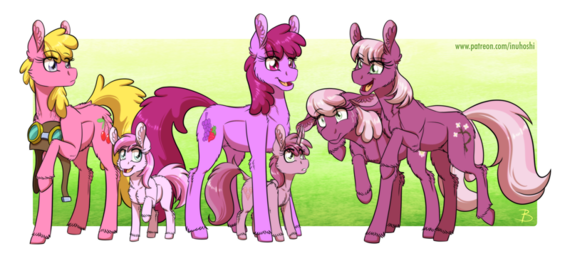 Size: 2400x1089 | Tagged: safe, artist:inuhoshi-to-darkpen, derpibooru import, idw, berry punch, berryshine, cheerilee, cherry berry, cherry blossom (idw), piña colada, ruby pinch, earth pony, pony, unicorn, spoiler:comic, spoiler:comic29, chest fluff, cutie mark, ear fluff, female, floppy ears, headcanon in the description, hoof fluff, horn, open mouth, siblings, sisters, twin sisters, twins