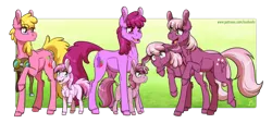 Size: 2400x1089 | Tagged: safe, artist:inuhoshi-to-darkpen, derpibooru import, idw, berry punch, berryshine, cheerilee, cherry berry, cherry blossom (idw), piña colada, ruby pinch, earth pony, pony, unicorn, spoiler:comic, spoiler:comic29, chest fluff, cutie mark, ear fluff, female, floppy ears, headcanon in the description, hoof fluff, horn, open mouth, siblings, sisters, twin sisters, twins
