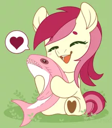 Size: 1357x1555 | Tagged: safe, artist:auroracursed, derpibooru import, roseluck, pony, shark, simple ways, chibi, cute, cuteluck, eyes closed, female, green background, heart, mare, pictogram, plushie, shark plushie, simple background, solo, toy
