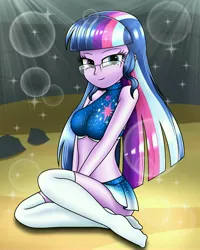 Size: 3120x3901 | Tagged: safe, artist:aryatheeditor, derpibooru import, sci-twi, twilight sparkle, equestria girls, adorasexy, beach, bedroom eyes, belly, belly button, bikini, bikini top, breasts, bust, busty sci-twi, busty twilight sparkle, clothes, cute, cutie mark, cutie mark on clothes, digital art, element of magic, female, geode of telekinesis, glasses, heterochromia, hips, jewelry, long socks, looking at you, magical geodes, midriff, miniskirt, outfit, pose, powerful sparkle, purple hair, regalia, schrödinger's pantsu, sexy, shiny, skirt, sleeveless, smiling, smiling at you, socks, sparkles, stocking feet, stockings, stupid sexy twilight, sunglasses, swimsuit, thigh highs, thighs, twiabetes