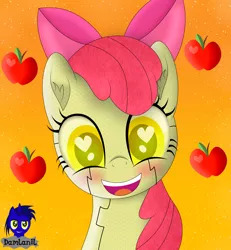 Size: 3840x4154 | Tagged: safe, artist:damlanil, derpibooru import, apple bloom, android, earth pony, pony, robot, robot pony, adorabloom, apple, apple bloom bot, apple bloom's bow, blushing, bow, cute, female, filly, food, hair bow, happy, heart, heart eyes, looking at you, mare, open mouth, simple background, smiling, vector, weapons-grade cute, wingding eyes