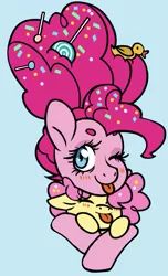 Size: 625x1026 | Tagged: safe, artist:/d/non, derpibooru import, li'l cheese, pinkie pie, bird, duck, earth pony, pony, the last problem, :p, blue background, blushing, candy, eyes closed, female, filly, food, lollipop, male, mama pinkie, mother and child, mother and son, older, older pinkie pie, one eye closed, parent and son, simple background, sprinkles, tongue out, updo, wink