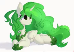 Size: 2174x1528 | Tagged: safe, artist:little-sketches, derpibooru import, oc, oc:eos, unofficial characters only, alicorn, pony, alicorn oc, commission, eye clipping through hair, female, horn, lying down, mare, prone, smiling, solo, wings