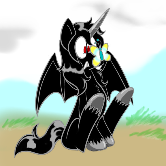 Size: 576x576 | Tagged: safe, artist:pembroke, derpibooru import, oc, oc:god, alicorn, butterfly, insect, fallout equestria, fallout equestria: new pegas, bat wings, fanfic art, red eyes, self-parody, wings