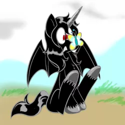 Size: 576x576 | Tagged: safe, artist:pembroke, derpibooru import, oc, oc:god, alicorn, butterfly, insect, fallout equestria, fallout equestria: new pegas, bat wings, fanfic art, red eyes, self-parody, wings