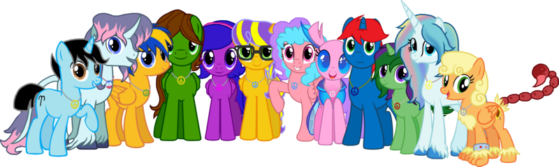 Size: 5000x1500 | Tagged: safe, artist:crisostomo-ibarra, derpibooru import, oc, oc:bella pinksavage, oc:eagle tale, oc:flare spark, oc:fluffybriefs, oc:hawk feather, oc:heartsy, oc:mint heart, oc:sapphire heart song, oc:sunrise glisten, oc:swiftgaia, oc:train track, oc:twilyx360, unofficial characters only, changedling, changeling, pegasus, pony, unicorn, derpibooru community collaboration, 2021 community collab, curved horn, female, glasses, horn, jewelry, looking at you, male, mare, necklace, peace symbol, scorpion tail, simple background, smiling, smiling at you, stallion, transparent background