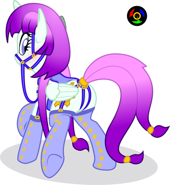 Size: 2536x2763 | Tagged: safe, artist:kyoshyu, derpibooru import, oc, oc:life spark, alicorn, pony, absurd resolution, blushing, bridle, butt, clothes, female, garters, harness, jewelry, looking back, mare, plot, reins, ring, saddle, simple background, socks, solo, tack, tail, tail ring, transparent background, underhoof, wavy mouth