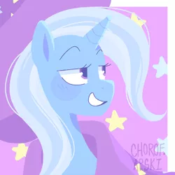 Size: 2000x2000 | Tagged: safe, artist:dartoons, derpibooru import, trixie, pony, unicorn, bust, female, grin, horn, lineless, mare, portrait, smiling, solo