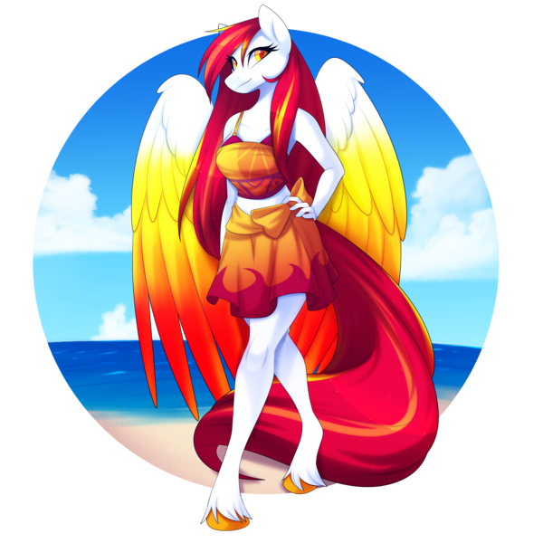 Size: 3000x3000 | Tagged: safe, artist:scarlet-spectrum, derpibooru import, oc, oc:diamond sun, unofficial characters only, anthro, pegasus, unguligrade anthro, beach, breasts, clothes, colored wings, commission, female, hand on hip, image, large wings, long hair, long mane, long tail, looking at you, midriff, multicolored wings, png, sarong, simple background, sky, solo, transparent background, unshorn fetlocks, water, wings