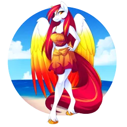 Size: 3000x3000 | Tagged: safe, artist:scarlet-spectrum, derpibooru import, oc, oc:diamond sun, unofficial characters only, anthro, pegasus, unguligrade anthro, beach, breasts, clothes, colored wings, commission, female, hand on hip, image, large wings, long hair, long mane, long tail, looking at you, midriff, multicolored wings, png, sarong, simple background, sky, solo, transparent background, unshorn fetlocks, water, wings