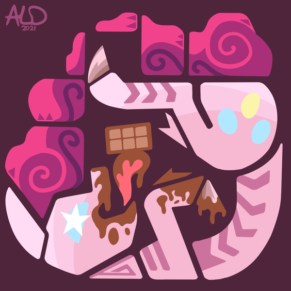 Size: 3500x3500 | Tagged: safe, artist:aaron lewis davidson, derpibooru import, pinkie pie, chocolate, eating, food, messy eating, minimalist, modern art, monster hunter, monster hunter world