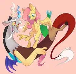 Size: 4204x4068 | Tagged: safe, artist:dymitre, artist:reborn3580, derpibooru import, discord, fluttershy, draconequus, pegasus, pony, absurd resolution, beanbrows, cute, discoshy, eye contact, eyebrows, female, floppy ears, heart, hooves to the chest, looking at each other, male, mare, missing cutie mark, pink background, shipping, simple background, smiling, spread wings, straight, wings