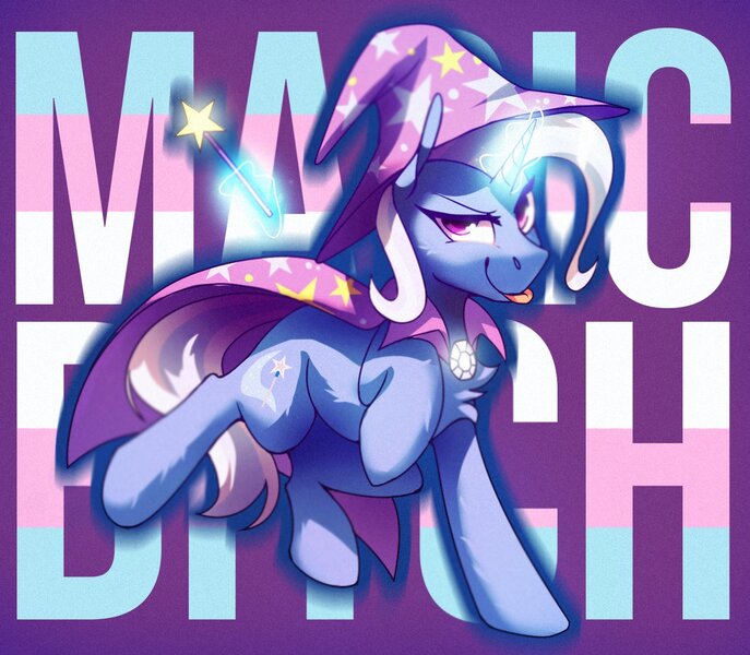 Size: 1371x1197 | Tagged: safe, artist:anticular, derpibooru import, trixie, pony, unicorn, gender headcanon, headcanon, lgbt headcanon, pride, pride flag, solo, trans trixie, transgender, transgender pride flag, vulgar, wand