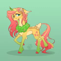 Size: 2000x2000 | Tagged: safe, artist:mario-wolfe, derpibooru import, fluttershy, pony, unicorn, alternate design, cheek fluff, colored ears, colored eartips, colored hooves, deer tail, ear tufts, elbow fluff, female, floppy ears, flower, flower in hair, flower in tail, gradient background, high res, hoof fluff, looking at you, mare, pale belly, raised hoof, raised leg, solo, standing, three quarter view, two toned mane, two toned tail, unicorn fluttershy, wreath