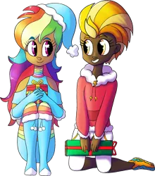 Size: 1838x2087 | Tagged: safe, artist:northernlightsone, derpibooru import, lightning dust, rainbow dash, human, alternate hairstyle, blackwashing, boots, christmas, clothes, coat, commission, dark skin, duo, evening gloves, female, gloves, grin, hat, holiday, hoodie, humanized, image, long gloves, looking at each other, png, present, rainbow socks, santa hat, shoes, shorts, simple background, smiling, sneakers, socks, stockings, striped socks, thigh highs, transparent background