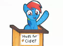 Size: 2997x2179 | Tagged: safe, artist:magicnova, derpibooru import, rainbow dash, pegasus, pony, bronybait, cute, dashabetes, female, hugs?, looking at you, mare, sign, simple background, solo, stand, that pony sure does love cider, traditional art