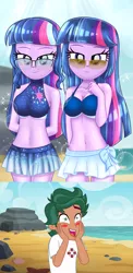 Size: 3000x6144 | Tagged: safe, artist:aryatheeditor, derpibooru import, edit, sci-twi, timber spruce, twilight sparkle, twilight sparkle (alicorn), alicorn, equestria girls, adorasexy, beach, bedroom eyes, belly, belly button, bikini, bikini top, blushing, breasts, bust, busty sci-twi, busty twilight sparkle, clothes, cute, cutie mark, cutie mark on clothes, digital art, element of magic, female, geode of telekinesis, glasses, heterochromia, hips, jewelry, lifeguard timber, looking at you, magical geodes, male, midriff, miniskirt, outfit, pose, powerful sparkle, regalia, sexy, sexy egghead, shiny, shipping, shipping domino, skirt, sleeveless, sparkles, starry eyes, straight, stupid sexy twilight, sunglasses, swimsuit, thighs, timbertwi, twiabetes, twolight, wingding eyes