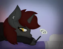 Size: 2058x1595 | Tagged: safe, artist:embermare, artist:emberstoneeqf, derpibooru import, oc, oc:ember stone, unofficial characters only, unicorn, bed, earbuds, music, phone, sad, simple background, solo