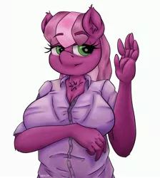 Size: 2686x3000 | Tagged: suggestive, artist:peachykireen, deleted from derpibooru, derpibooru import, cheerilee, anthro, earth pony, breasts, busty cheerilee, cleavage, clothes, digital art, open mouth, shirt, solo, teacher