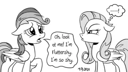 Size: 1200x675 | Tagged: safe, artist:pony-berserker, derpibooru import, fluttershy, rainbow dash, pegasus, pony, alternate hairstyle, dialogue, female, floppy ears, fluttershy is not amused, impersonating, mare, monochrome, peeved, pony-berserker's twitter sketches, rainbow douche, seems legit, stippling, this will not end well, unamused