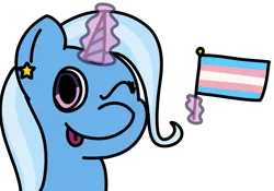 Size: 1013x710 | Tagged: safe, artist:melodysketch, derpibooru import, trixie, pony, unicorn, ear piercing, earring, gender headcanon, headcanon, jewelry, lgbt headcanon, magic, mlem, one eye closed, piercing, silly, simple background, solo, tongue out, trans flag, trans trixie, transgender, transparent background, wink