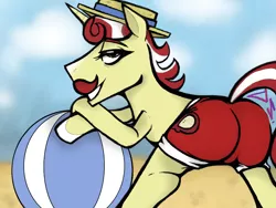 Size: 1152x864 | Tagged: suggestive, artist:dsstoner, derpibooru import, flam, pony, unicorn, beach, beach ball, butt, clothes, looking at you, looking back, male, plot, rear view, scenery, shorts, solo, stallion, stupid sexy flam, sunscreen, swim trunks