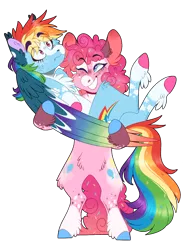 Size: 900x1222 | Tagged: safe, artist:wanderingpegasus, derpibooru import, pinkie pie, rainbow dash, earth pony, pegasus, pony, alternate hairstyle, bipedal, blushing, bridal carry, carrying, chest fluff, confused, ear fluff, female, freckles, grin, hug, leg fluff, lesbian, mare, markings, one eye closed, pinkiedash, raised hoof, redesign, redraw, shipping, simple background, smiling, transparent background, unshorn fetlocks, wink