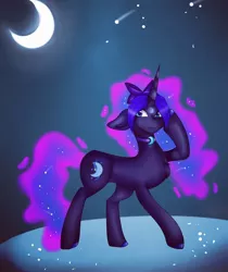 Size: 1080x1288 | Tagged: safe, artist:rxndxm.artist, derpibooru import, oc, unofficial characters only, pony, unicorn, choker, crescent moon, ethereal mane, horn, moon, outdoors, raised hoof, shooting star, solo, starry mane, stars, unicorn oc