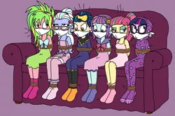 Size: 1885x1252 | Tagged: safe, artist:bugssonicx, derpibooru import, indigo zap, lemon zest, sci-twi, sour sweet, sugarcoat, sunny flare, twilight sparkle, equestria girls, bondage, bound and gagged, cloth gag, clothes, female, femsub, footed sleeper, footie pajamas, gag, indigosub, lemonsub zest, nightgown, onesie, otn gag, over the nose gag, pajamas, rope, rope bondage, shadow five, shadow six, sleep mask, sleepover, slumber party, socks, stocking feet, subflare, submissive, sugarsub, tied up, twisub