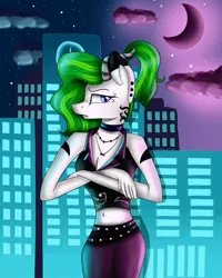 Size: 1080x1350 | Tagged: anthro, artist:rxndxm.artist, bicorn, building, choker, cloud, crescent moon, crossed arms, derpibooru import, ear piercing, frown, horn, jewelry, moon, multiple horns, necklace, night, oc, outdoors, piercing, safe, solo, stars, tattoo, unofficial characters only