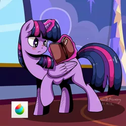 Size: 1080x1080 | Tagged: safe, artist:princessesmeraldaofficial, derpibooru import, twilight sparkle, twilight sparkle (alicorn), alicorn, pony, book, female, glowing horn, horn, indoors, magic, mare, raised hoof, signature, solo, telekinesis