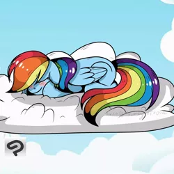 Size: 1080x1080 | Tagged: safe, artist:princessesmeraldaofficial, derpibooru import, rainbow dash, pegasus, pony, blushing, cloud, eyes closed, female, mare, on a cloud, outdoors, signature, sleeping, solo