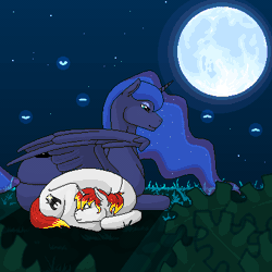 Size: 400x400 | Tagged: safe, artist:imreer, derpibooru import, oc, alicorn, firefly (insect), insect, pony, unicorn, animated, blinking, commission, duo, ethereal mane, female, full moon, gif, horn, lying down, mare, moon, night, outdoors, pixel art, prone, starry mane, stars, unicorn oc, ych result