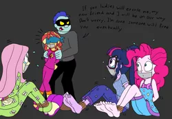 Size: 2400x1664 | Tagged: semi-grimdark, suggestive, artist:bugssonicx, derpibooru import, fluttershy, pinkie pie, sci-twi, sunset shimmer, twilight sparkle, equestria girls, blindfold, bondage, breasts, clothes, crying, female, femsub, fluttersub, gag, kidnapped, nightgown, pajamas, pinkiesub, sleepover, slumber party, submissive, subset, tape, tape gag, tied up, twisub