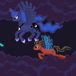 Size: 300x300 | Tagged: safe, artist:imreer, derpibooru import, princess luna, oc, alicorn, earth pony, pony, animated, artificial wings, augmented, clothes, cloud, commission, duo, ethereal mane, female, flowing hair, flowing mane, flowing tail, flying, gif, glowing horn, glowing scarf, hoof shoes, horn, magic, magic wings, male, mare, peytral, pixel art, scarf, stallion, starry mane, wings, ych result
