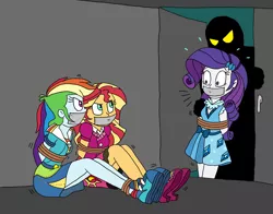 Size: 1606x1256 | Tagged: semi-grimdark, artist:bugssonicx, derpibooru import, rainbow dash, rarity, sunset shimmer, equestria girls, clothes, dashsub, female, femsub, gag, rarisub, skirt, submissive, subset, tape, tape gag, tied up, trio, trio female