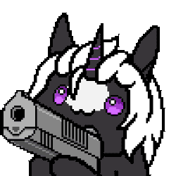Size: 300x300 | Tagged: safe, artist:imreer, derpibooru import, oc, oc:s.leech, unofficial characters only, unicorn, animated, bust, commission, gif, gun, handgun, hoof hold, horn, owo, pistol, pixel art, shooting, simple background, smiling, solo, transparent background, unicorn oc, weapon, ych result