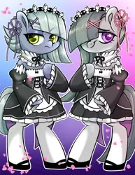 Size: 2550x3300 | Tagged: safe, artist:techycutie, derpibooru import, limestone pie, marble pie, earth pony, pony, bipedal, clothes, cosplay, costume, female, flower petals, gradient background, headband, looking at you, maid, maid headdress, pie sisters, pouting, ram (re:zero), re:life in a different world from zero, re:zero, rem, rem and ram, siblings, sisters, socks