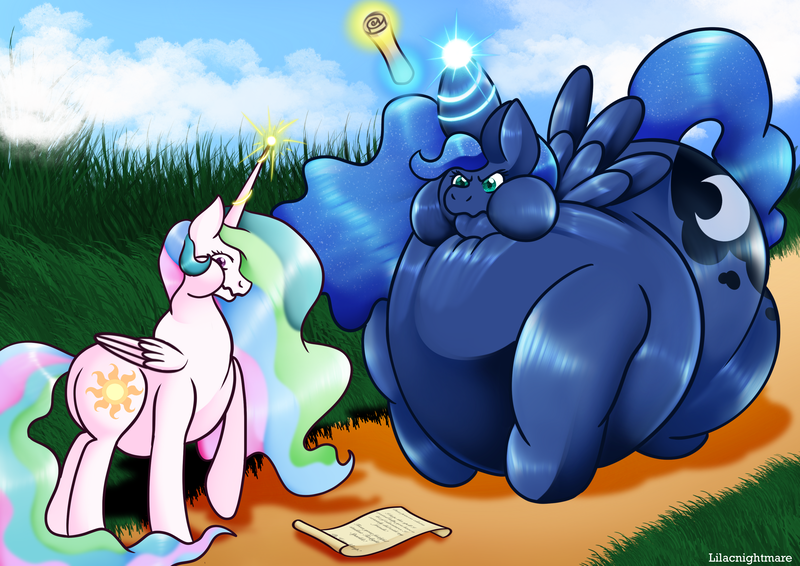 Size: 3508x2480 | Tagged: questionable, artist:fallenandscattered, derpibooru import, part of a set, princess celestia, princess luna, alicorn, belly, big belly, butt, expansion, glowing horn, horn, horn inflation, huge belly, huge butt, hyper inflation, impossibly large belly, impossibly large butt, inflated ears, inflated wings, inflation, large butt, levitation, magic, magic inflation, part of a series, payback, puffy cheeks, scroll, spell, telekinesis, wings